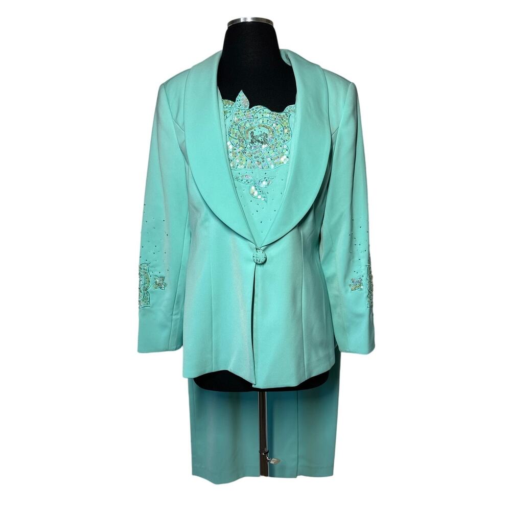 Donna Vinci Couture Vintage 3-Piece Suit Teal Green Beaded Sequin Skirt Set 10